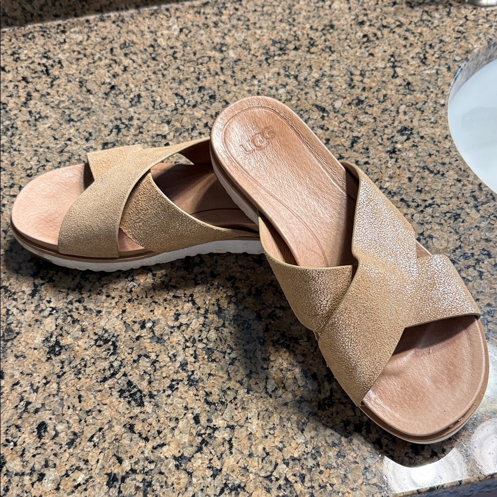 UGG Women's Tan and Gold Cross Strap Sandals